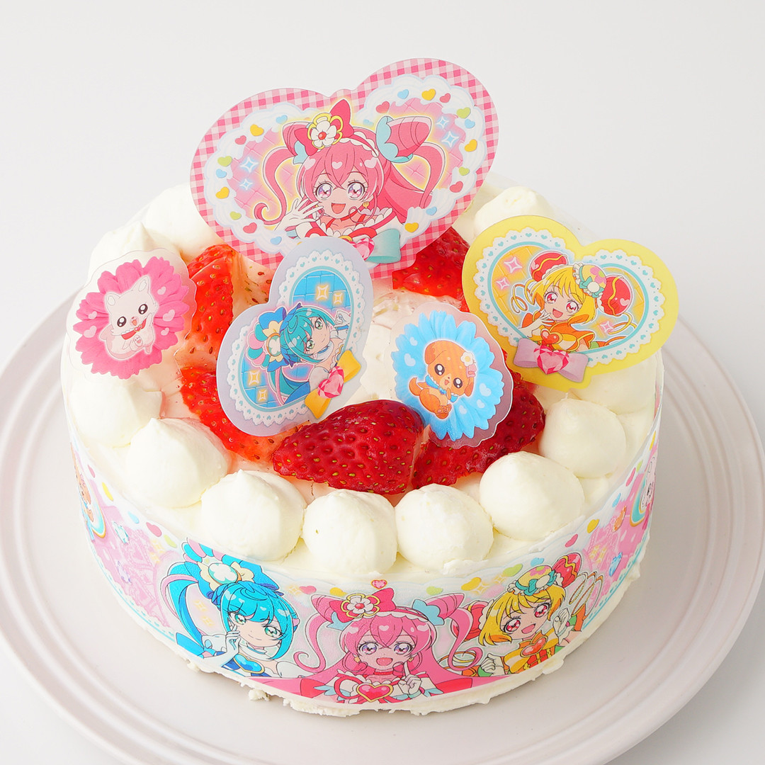 卵・乳製品・小麦粉除去可能 デリシャスパーティー！プリキュア 生デコレーションケーキ 5号 15cm（キャラメリーゼ） | Cake.jp