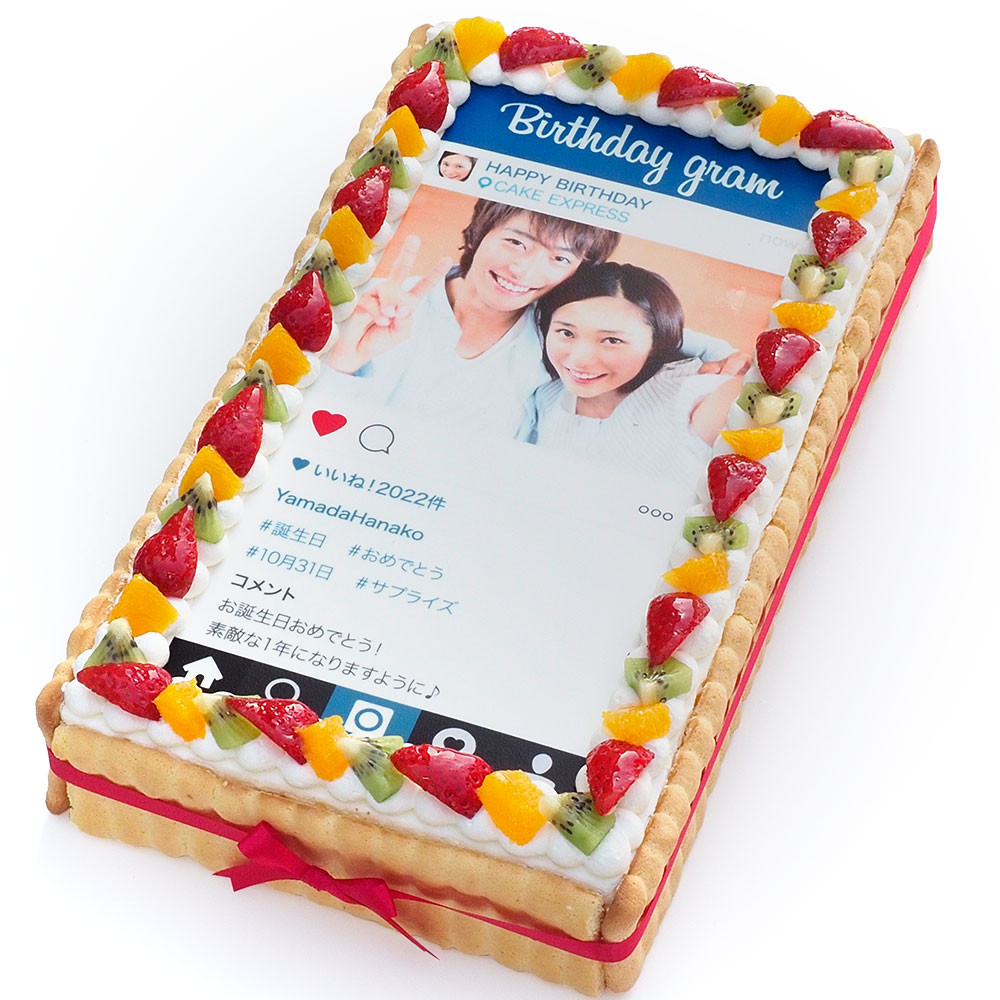 インスタ風写真ケーキ L ビスキュイ付フレッシュフルーツ乗せ生クリームショートケーキ 36×21cm birthdaygram-big