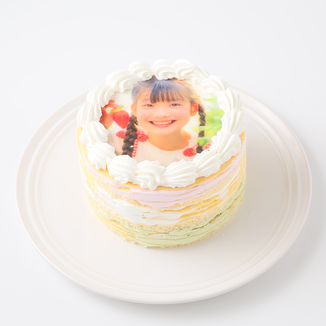 【お子様のバースデーに写真でお祝い♪】3色ミルクレープケーキ　4号 2
