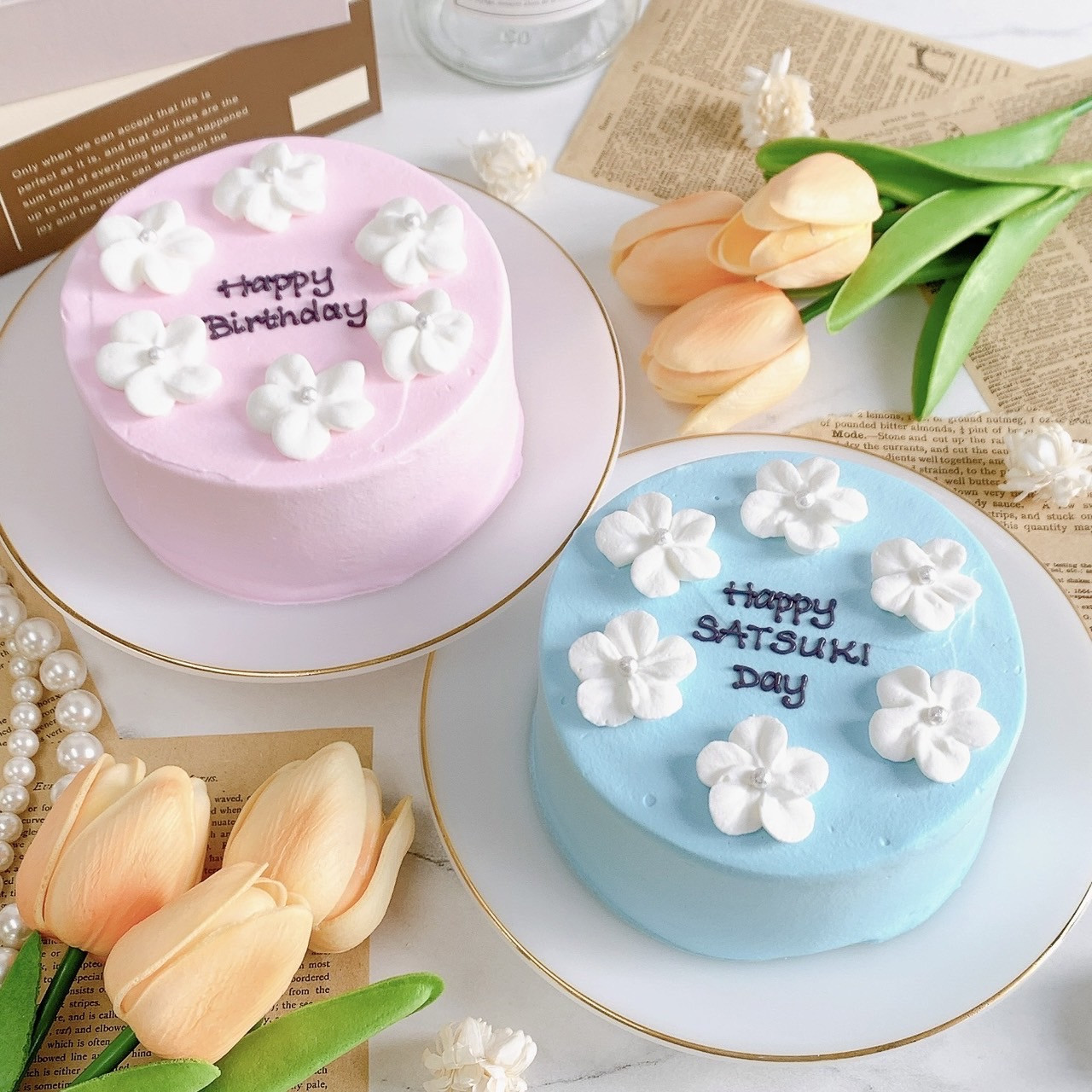 【店頭受取】??ホワイトフラワーセンイルケーキ? 5号《選べる9色|お花|韓国|誕生日|お好きなメッセージ?》