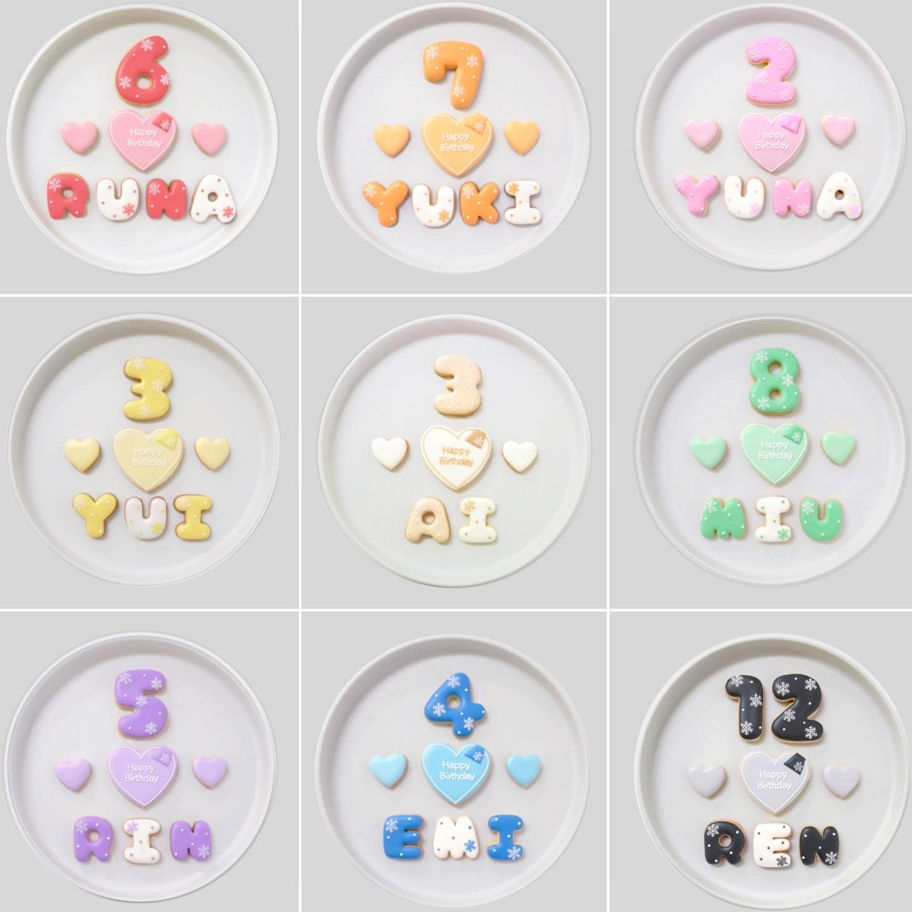 雪だるま＆雪の結晶デザイン プレートセット♪アイシングクッキーセット（プレート＋装飾ハート2つ）＋でお好きなアルファベットや数字をお選びください。オリジナルメッセージ可。全9色。誕生日や記念日、推しのお祝いなどにオススメ《アルファベット・数字：7枚》