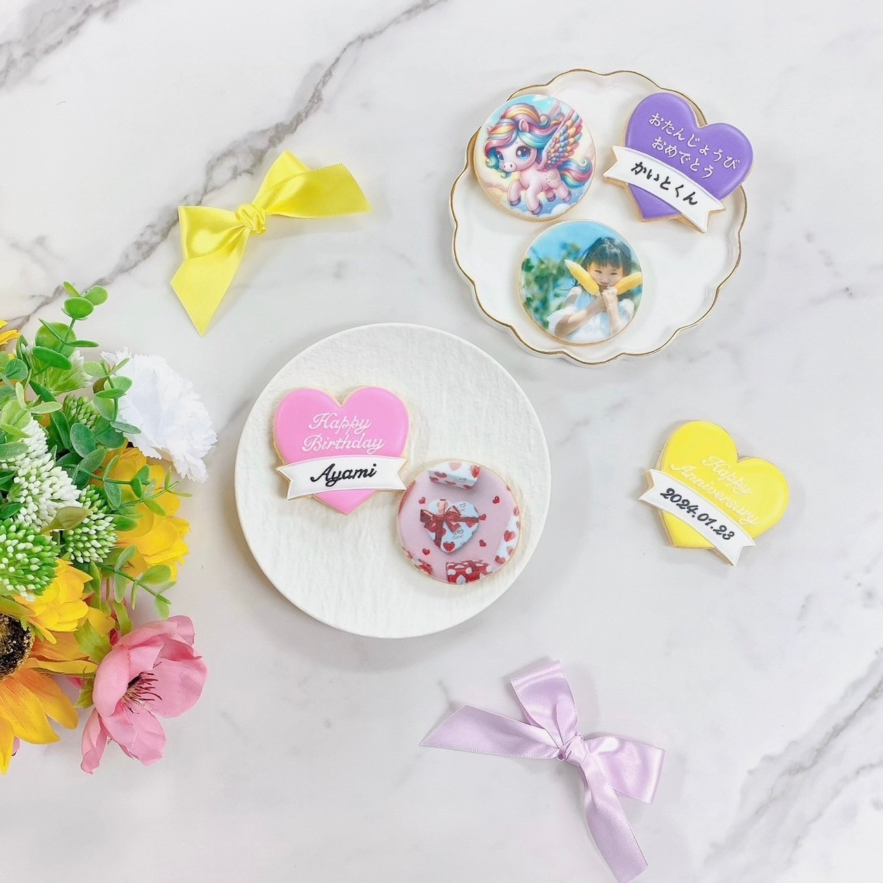 □プリントクッキーSET(ダブルメッセージハートクッキー)?《選べる9色|お好きなお写真とメッセージ♪》