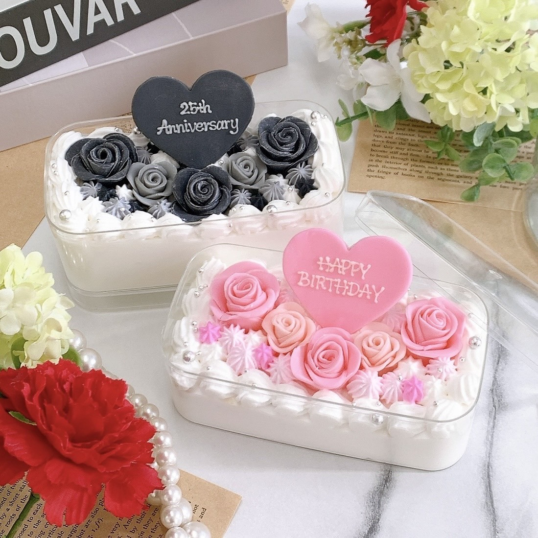 ◻︎［プチケーキBOX］ハートプレート付きエレガントケーキ 《選べる9色｜お好きなメッセージ♪》