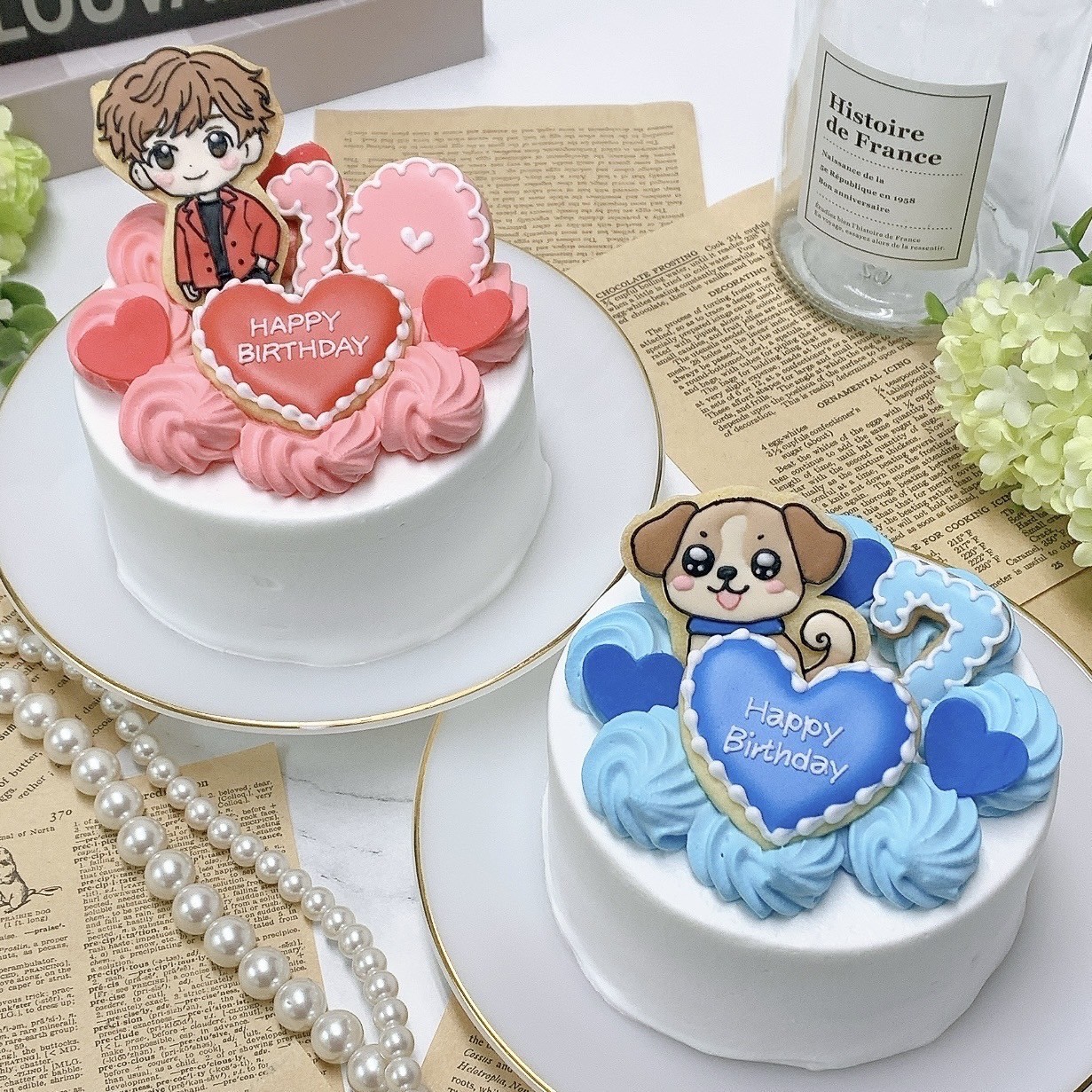 お好きなイラストの手書きクッキー付き♪ セミオーダーハートケーキ✧ 6号《選べる9色|センイルケーキ|アイシングクッキー|イラストクッキー》