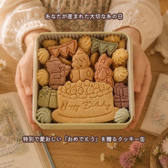 クッキー缶｜きみが産まれた日の贈り物｜誕生日・お祝い・サプライズに｜きみと季節のとなりに「HappyBirthday」