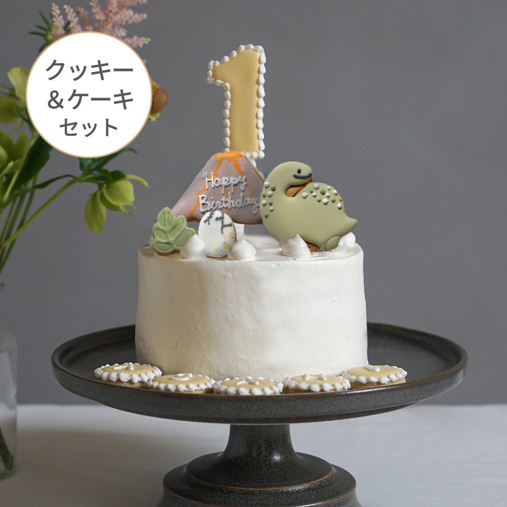 バースデーアイシングクッキー＆ホワイトケーキセット 恐竜 4号 12cm ◎ / 名入れ バースデーケーキ スマッシュケーキ  アニバーサリー 1歳