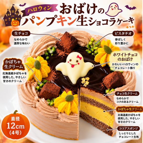 NEW おばけのパンプキン生ショコラ 3号｜室温で半解凍、外はふんわり、中はひんやりとした新食感ハロウィン限定 かぼちゃ×濃厚チョコレートケーキ ハロウィン2026