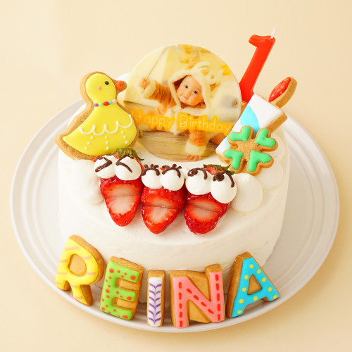 ヨーグルトクリーム　フォトケーキ　アイシングクッキー写真ケーキ　ファーストバースデー（ひよこ）　3号　9cm